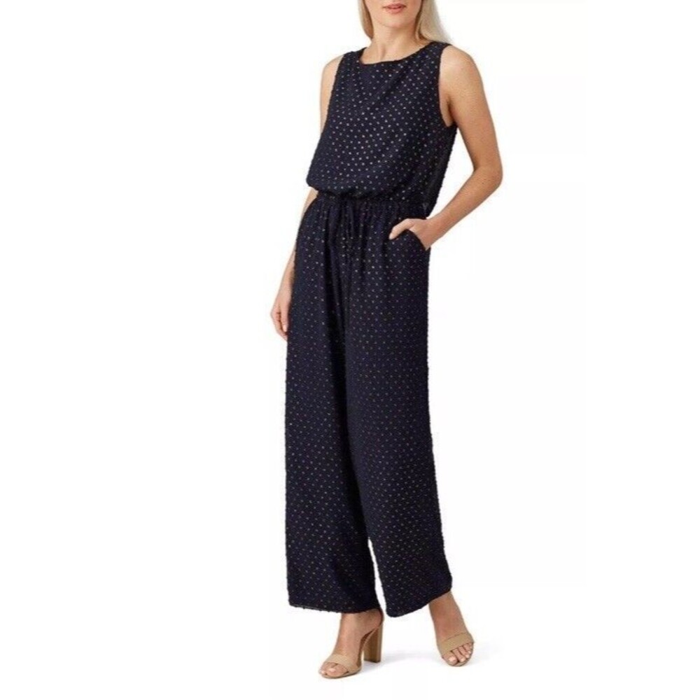 Maison de‎ Papillon Marissa Gold Embellished Jumpsuit Blue Crepe Women's Size M
